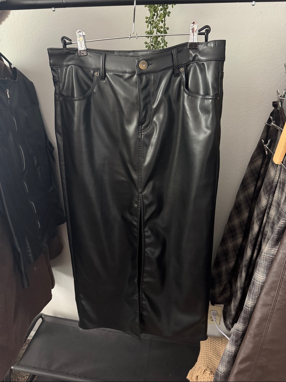 H&M Black Faux Leather Midi Skirt